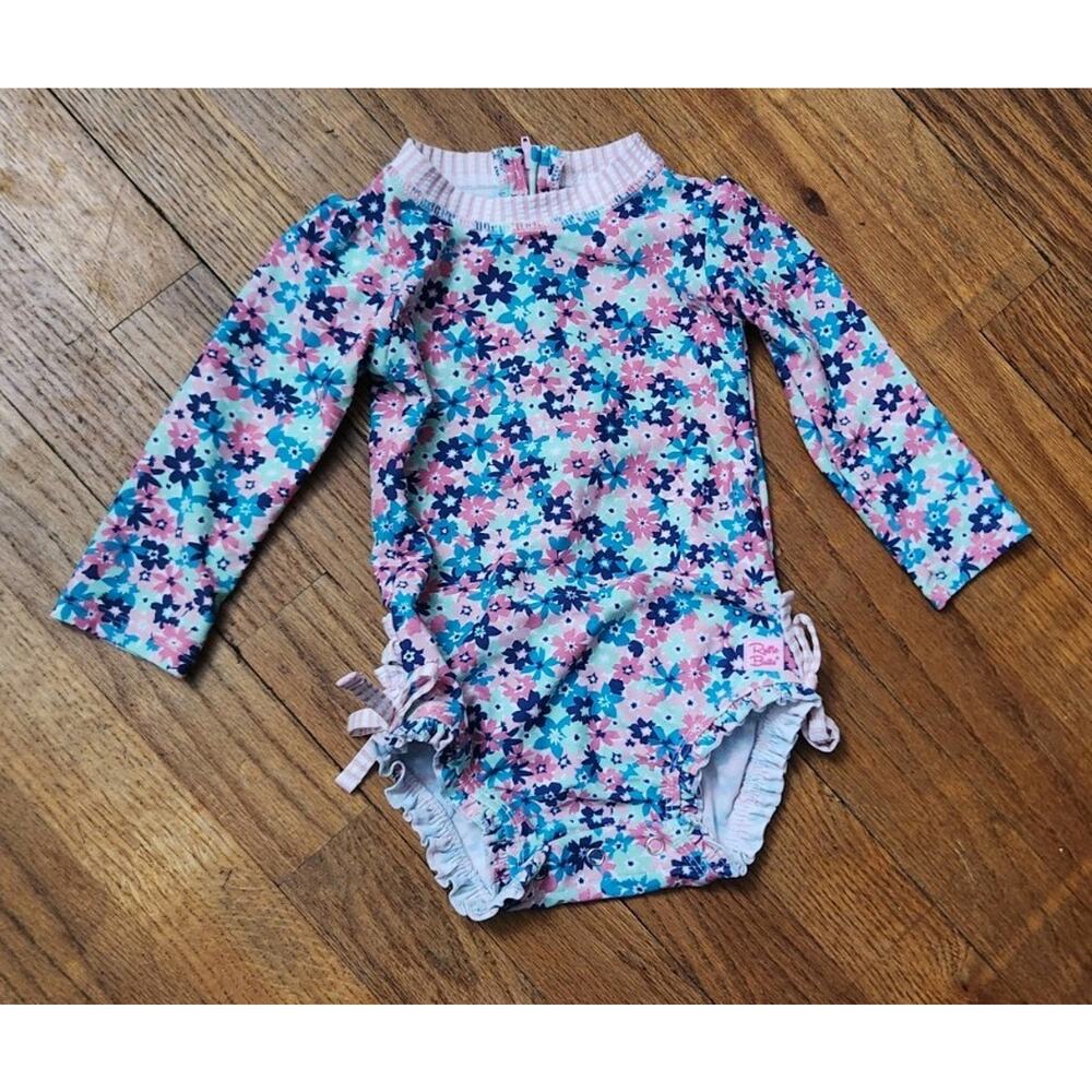 Ruffle Butts Pink Sun Pink Floral Long Sleeve Swim Suit 12-18 Months Child